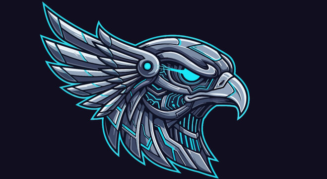 Mechanical Cybernetic Eagle Head Vector Illustration, Futuristic Robotic Bird of Prey Mascot Logo with Glowing Blue Light