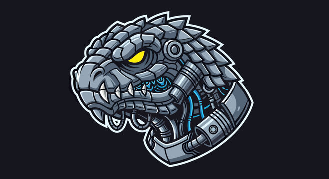 Cybernetic Mecha Kaiju Monster Head Mascot Logo, Futuristic Robotic Dinosaur Illustration