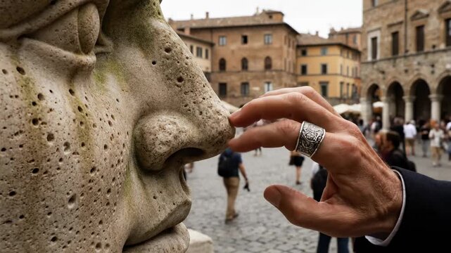 Artistic Close-up of a Hand Touching a Stone Statue Nose in a European Plaza for Travel Documentaries and Cultural Heritage Content.