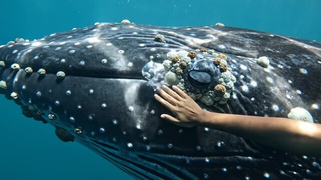 Incredible Underwater Encounter of a Human Hand Gently Touching a Humpback Whale Head for Nature Documentaries and Marine Conservation Content.