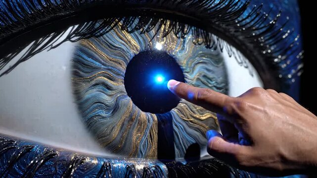 Futuristic Vision Concept showing a giant artistic eye with blue and gold iris being touched by a human hand for technology and innovation marketing.