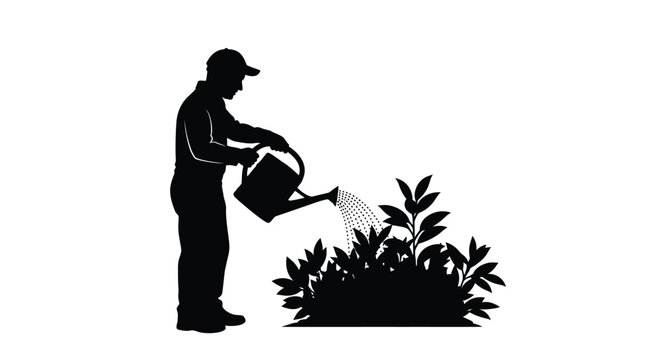 Silhouette of a man watering plants with a watering can in a garden setting outdoors