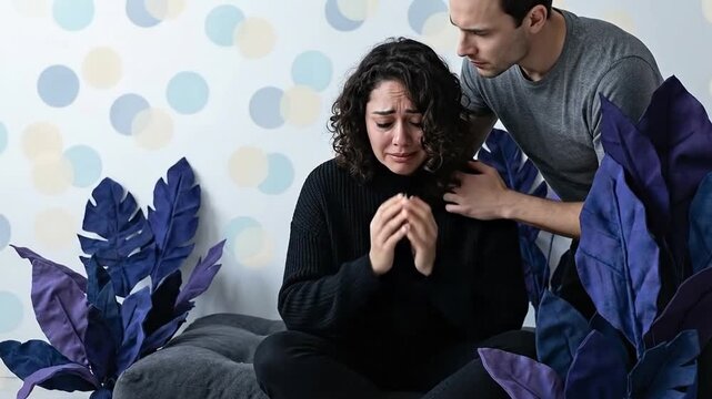 Man comforting distressed woman, emotional support, empathy, relationship challenges