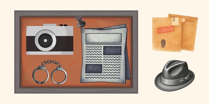 Flat lay illustration of a detective bulletin board with vintage sketches of camera, newspaper, handcuffs, fedora hat, and evidence files on textured wood background.