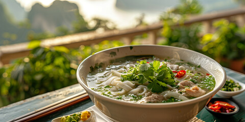 Obraz premium Bowl of Vietnamese noodle soup served with fresh herbs on a terrace overlooking a misty bay landscape. Travel dining scene featuring Asian cuisine, warm broth, and a picturesque waterfront setting