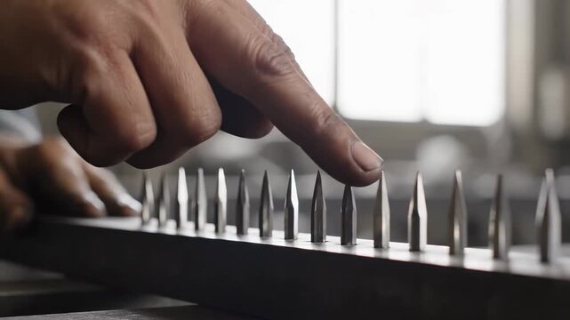 Close-up of a worker's hand touching sharp metal spikes in a workshop, ideal for industrial safety and risk management concepts.