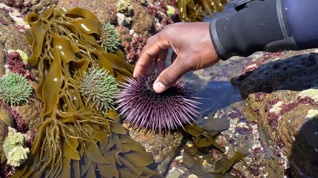 Exploring Marine Life with a Close-up of a Purple Sea Urchin in a Tide Pool for Nature Documentaries.