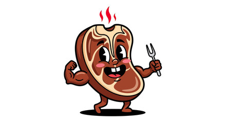 Fototapeta premium Strong Vintage Cartoon Steak Mascot Illustration, Muscular T-Bone Beef Character Flexing Bicep and Holding a Fork, Retro BBQ and Protein Concept