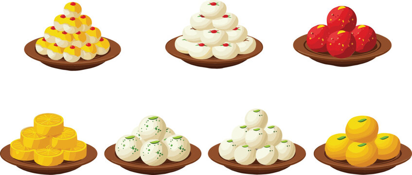 Assorted Indian Sweets Platter Set Featuring Ladoo Rasgulla Sandesh Peda and Traditional Mithai Desserts on Plates Vector Collection