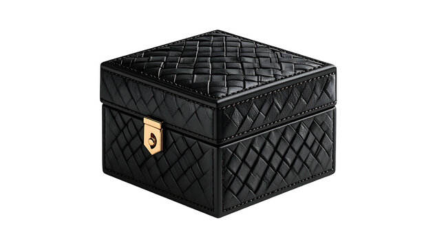 Quilted black square box with gold latch against a dark background