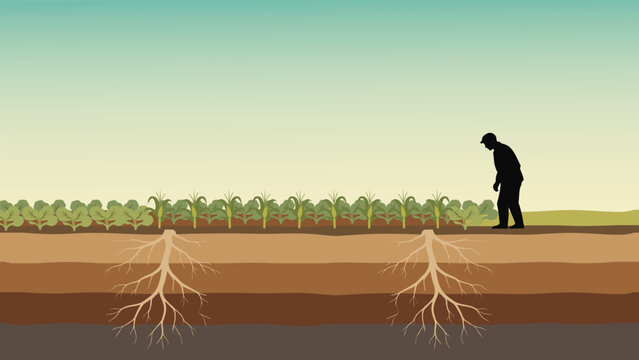Cross section of soil layers with deep root systems and intercropping of vegetables under the observation of a farmer silhouette, symbolizing sustainable agriculture.