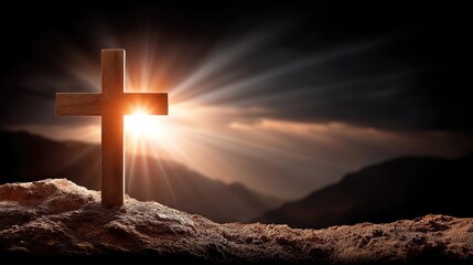 Fototapeta premium Cross on the hill with sunset sky providing a background for Easter celebration and reflection at dusk in natural scenery