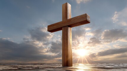 Fototapeta premium Cross stands on hill against sunset sky representing Easter and hope as light breaks through clouds bringing a sense of renewal and faith