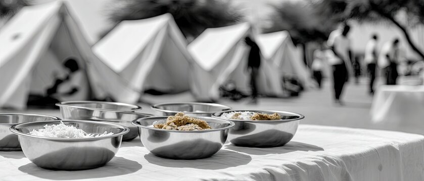 Monochrome scene of aluminum bowls and plates set on sand in front of army tents with soldiers working in background under natural daylight