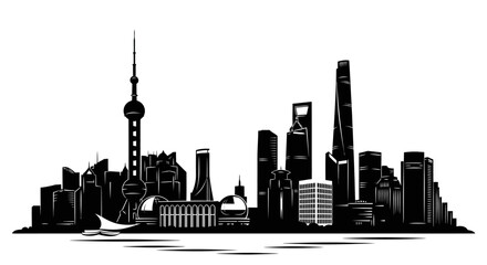 Obraz premium Dynamic architectural silhouette of a prominent world city, showcasing an impressive modern skyline with towering skyscrapers and iconic structures