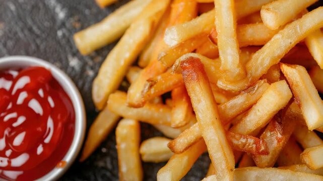 A close-up of a plate of French fries with ketchup and mustard on top. The golden brown potato wedges are covered in the familiar red condiment, paired perfectly with the yellow mustard.