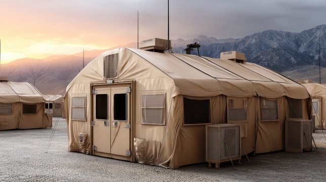 Row of army tents in a military camp with a sunset sky providing a backdrop during the evening hours in an outdoor setting