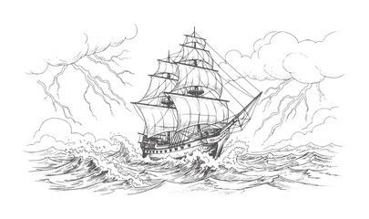 Tall ship sailing through stormy seas with lightning strikes ocean © Mehedi