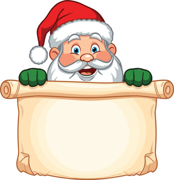 Happy Cartoon Santa Claus Peeking Over Blank Vintage Scroll Paper For Christmas Announcement Message Design Template Isolated On White Background With Copy Space