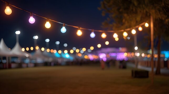 Colorful string lights illuminate an outdoor event at night creating a festive and magical atmosphere