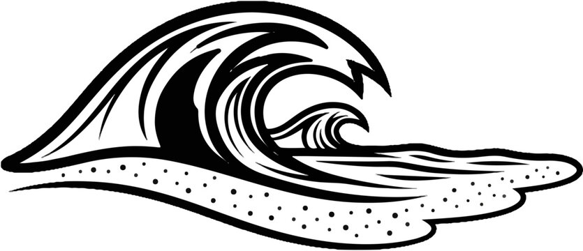 Stylized black and white waves crash onto a dotted shore