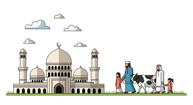 Islamic mosque, family walking, cow illustration, religious building, cartoon style
