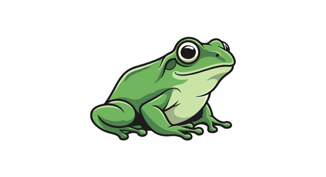 A bright green cartoon frog sits patiently on a white background