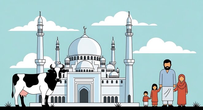 Mosque, family, cow, illustration, Islamic architecture, religious building, cartoon style