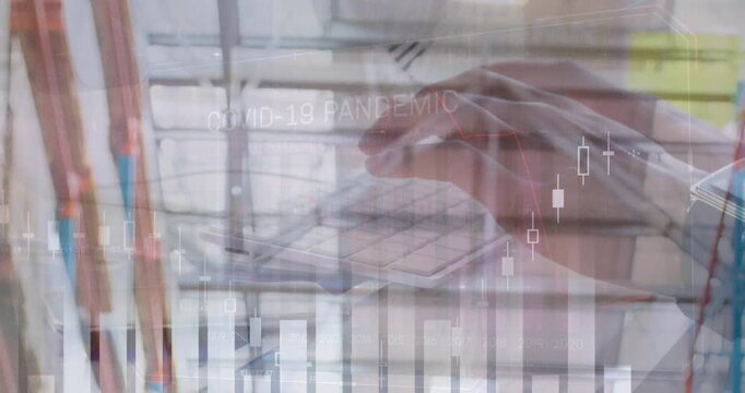 Statistical data processing against close up of person's hands typing on keyboard