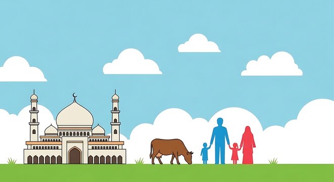 Flat design mosque, family, and cow illustration, Islamic architecture, vector graphic