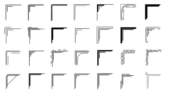 Collection of geometric line angles and corner variations in black and white line art