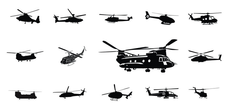 Military and Civilian Helicopter Silhouettes Collection. Chinook, Attack, Transport and Civil Helicopters Vector Pack.
