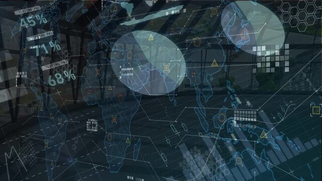 Animation of world map and data processing over empty office