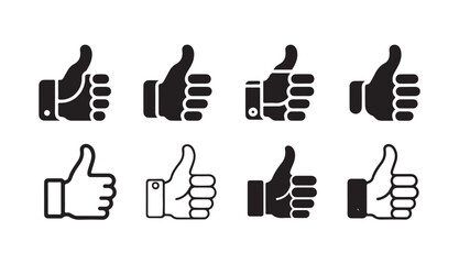 Obraz premium Set of eight different hand thumbs up icons in black and white on white background