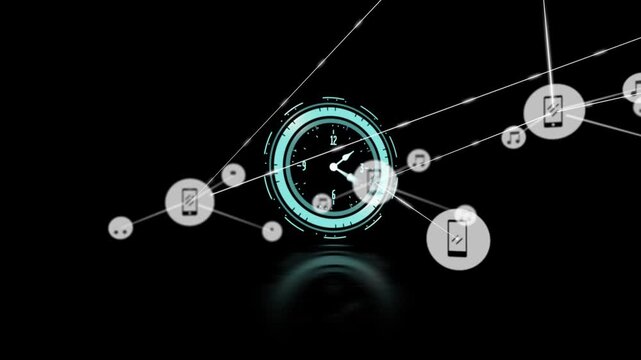 Animation of network of connections with icons over clock