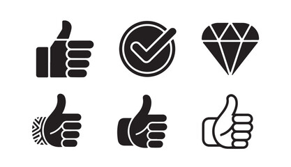 Fototapeta premium Black and white icon set featuring thumbs up check mark and diamond symbols for business interfaces