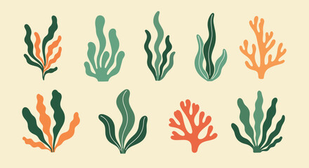 Fototapeta premium Coral reef seaweed plants in various green and orange hues on beige