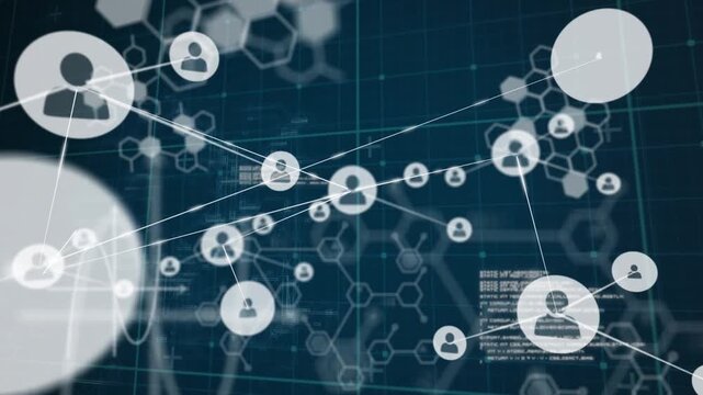 Animation of network of connections with icons over data processing and chemical formula
