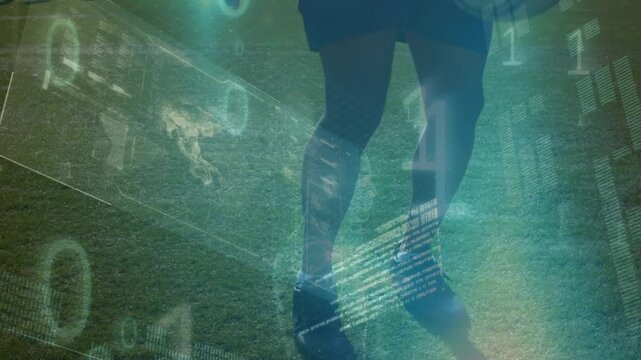 Animation of data processing over caucasian male soccer player with football
