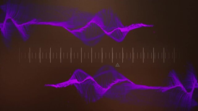 Animation of purple digital waves and scale measurement against brown background