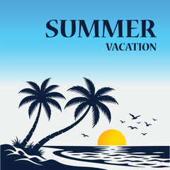 Obraz premium Beautiful summer vacation tropical beach landscape with blue sky gradient yellow sun palm tree silhouettes and ocean waves