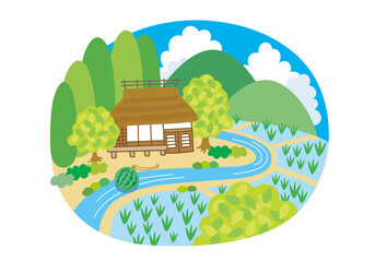 Fototapeta premium 昔の田舎の民家_夏イラスト