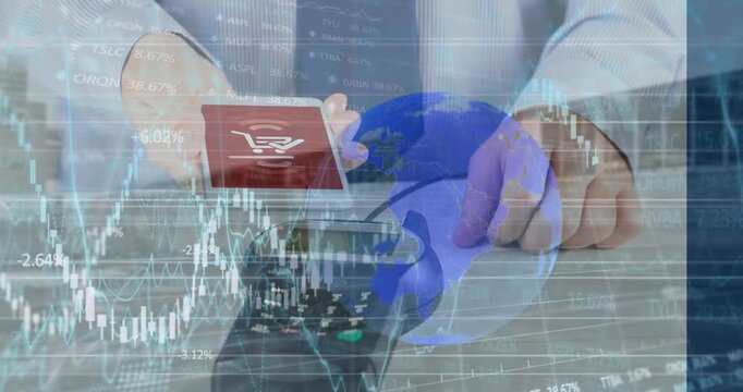 Animation of financial data processing over man with smartphone and payment terminal
