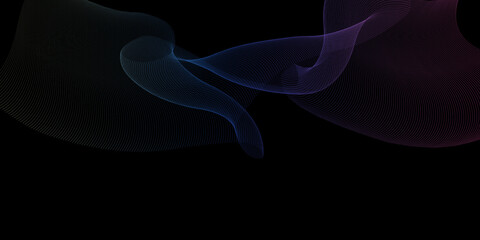 Obraz premium A mesmerizing digital abstract background showcasing a graceful flow of interconnected wavy lines, displaying a vibrant color gradient from deep blue to luminous purple against a stark black backdrop.