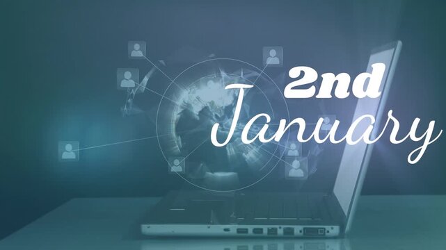 Animation of 2 january, globe with icons and hand of caucasian man using laptop