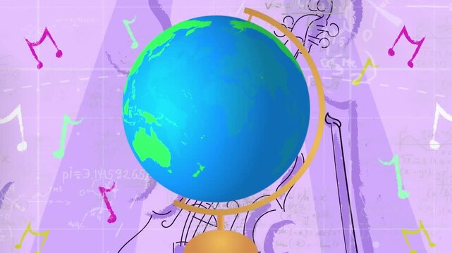 Animation of globe and music notes over mathematical drawings