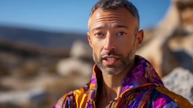 A captivating close-up portrait of a man in a vibrant, multicolored robe, set against a serene natural backdrop that enhances his striking features and charisma.