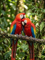 Fototapeta premium Scarlet macaw pair perched on a branch, vibrant red tropical parrots in a lush rainforest, exotic birds with colorful feathers in the wild jungle