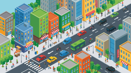 Isometric illustration of a vibrant, bustling city street with colorful buildings, diverse vehicles, and numerous pedestrians walking and cycling. © Abhinaya Project