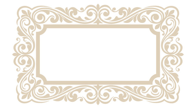 Elegant beige rectangular frame with ornate scrollwork and decorative vintage design.